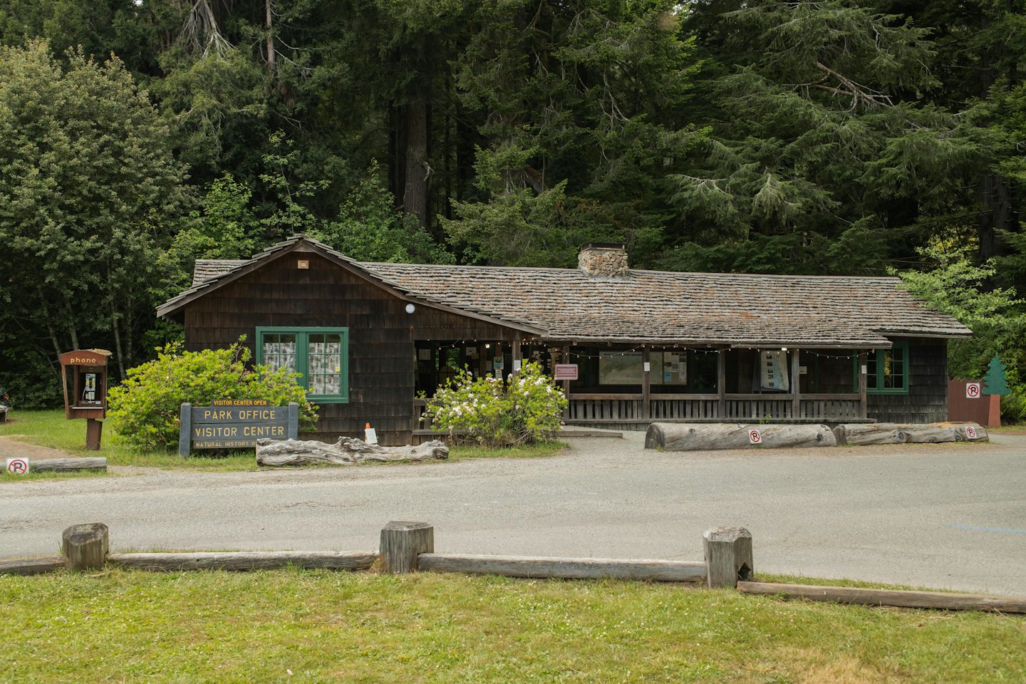 Rustic wooden park visitor center nestled among tall green trees.